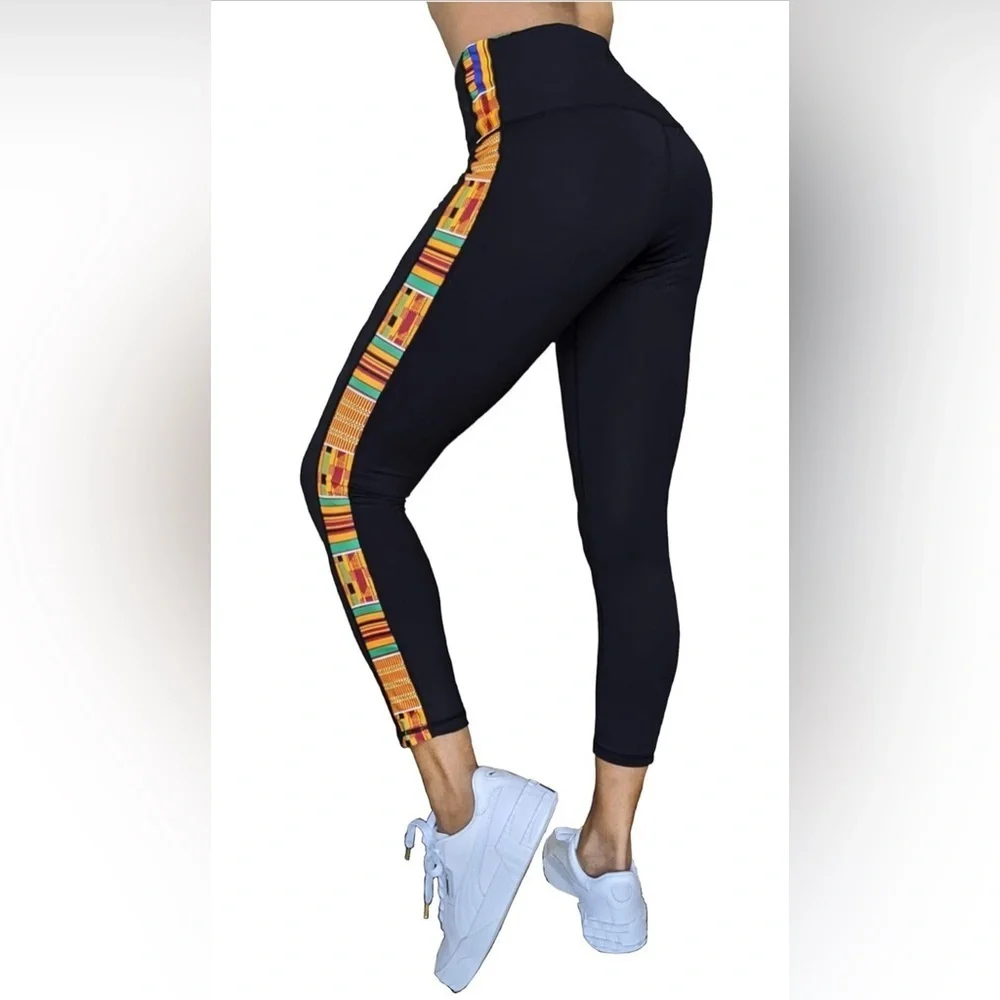 Dupsie’s Washoge Accrah High Waist Yoga Leggings with Kente Print Strip Small